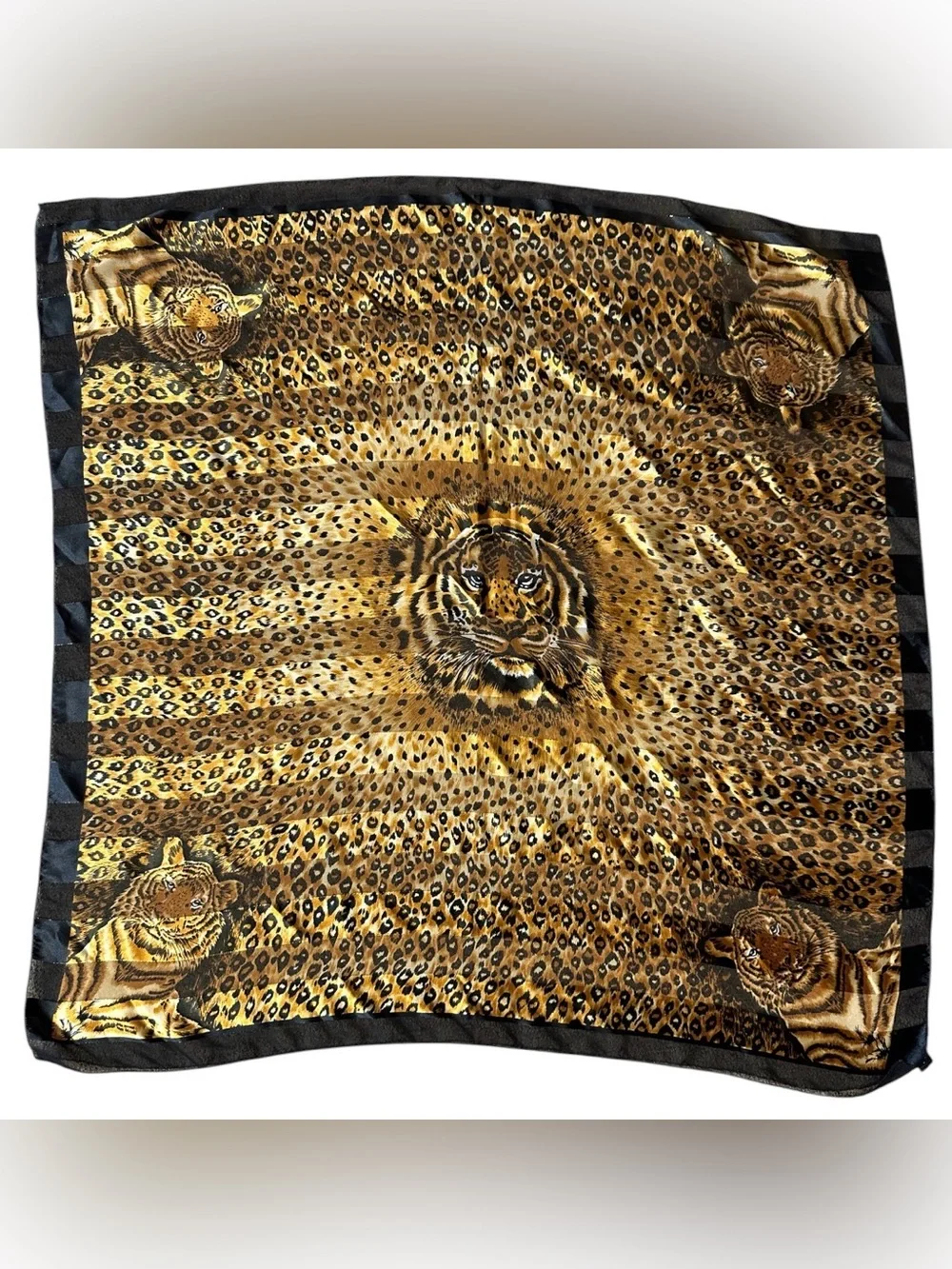 Tiger Print Satin Scarf  Gold/Black  w/ Horizontal Lines 40” x  40”